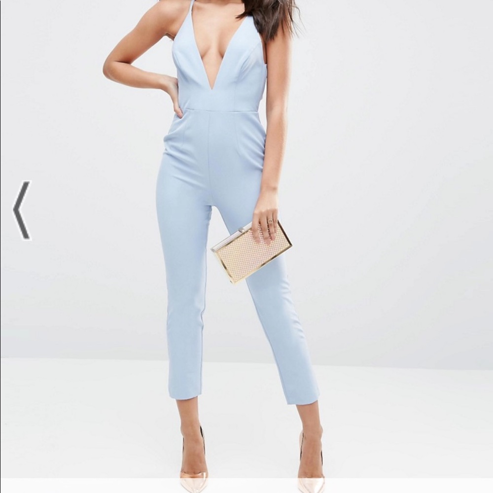 Asos Pale Blue Plunge Jumpsuit with Tie Back